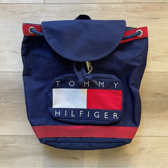Vtg 90s Tommy Hilfiger Flag Logo Cinch Backpack, Canvas Tote, School Bag - Picture 1 of 16